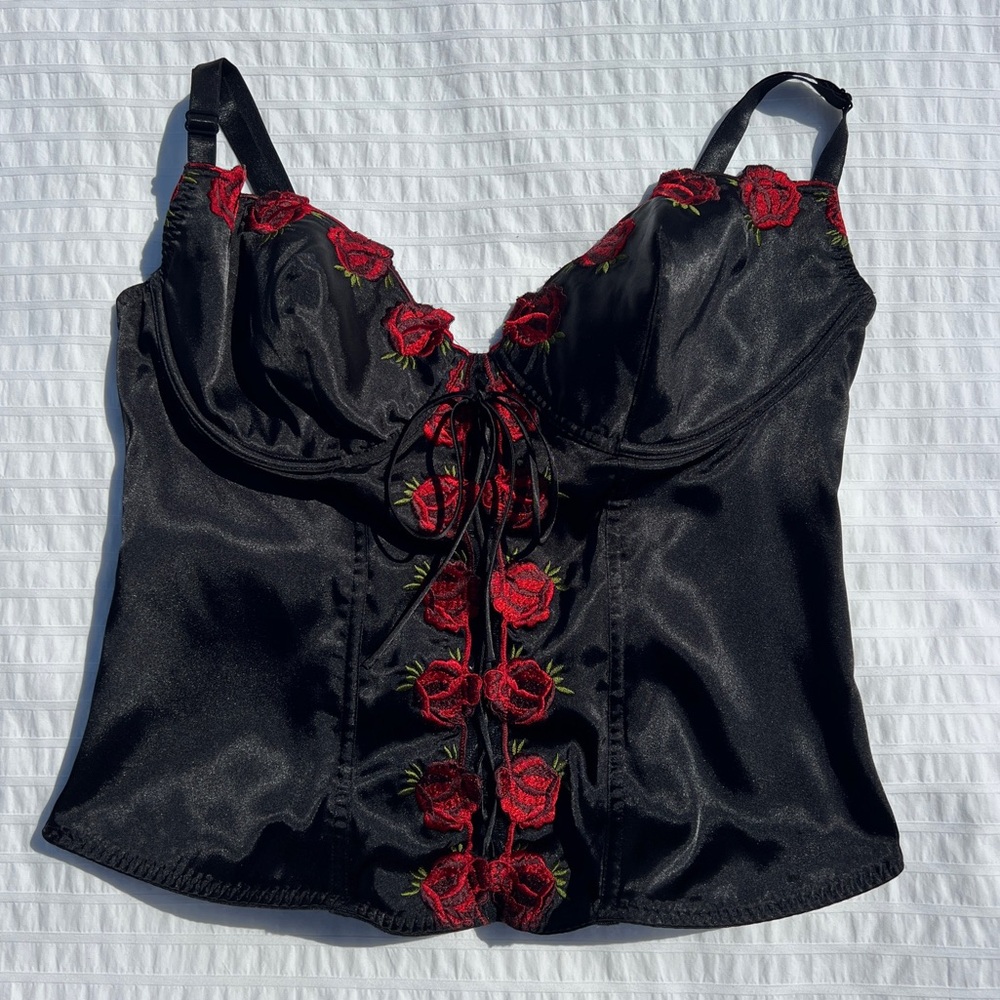 VTG 90s Addition-Elle Black Satin Bustier Corset with Embroidered Roses, 1X
